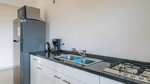 A modern kitchen with a built-in refrigerator, a gas stove, and a stainless steel sink. - Apartment, with pool near Jan Thiel Beach! 
 (Willemstad)