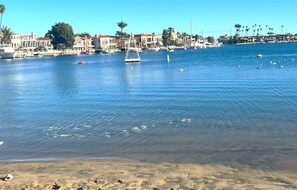 On the beach, sun-loungers, beach towels