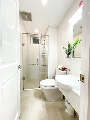 Regadera, secadora de cabello, bidet, toallas