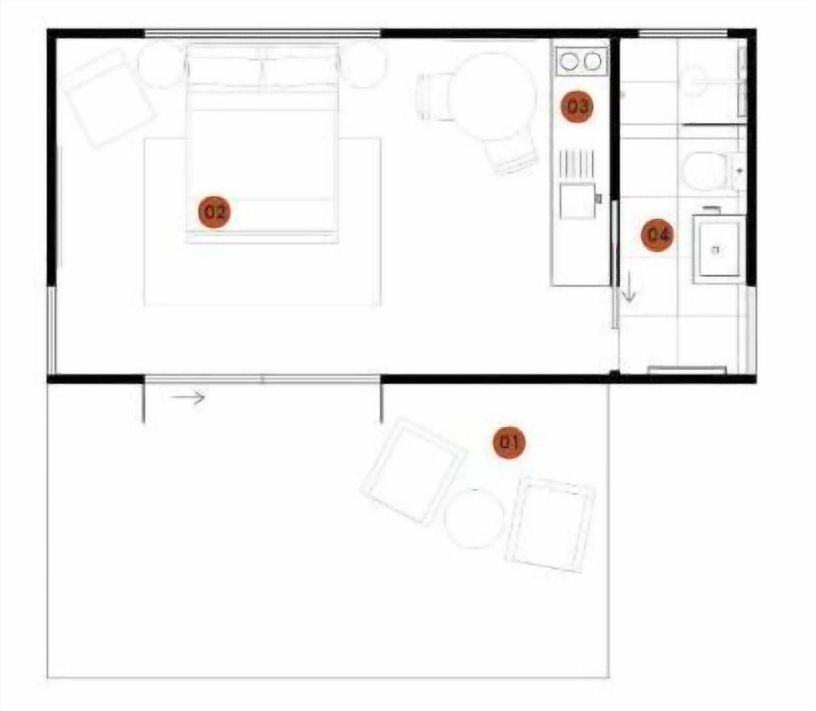Un plan d’étage d’une chambre d’hôtel comprenant un lit, un bureau, une chaise, une armoire et une salle de bain.