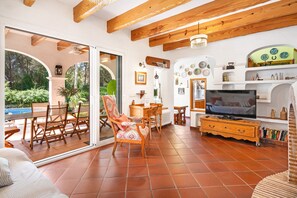 TV, fireplace, books, stereo - N'ANTIGA - Nice house with private pool and free WiFi (Sant Lluís)