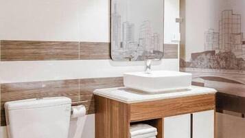 Combined shower/tub, hydromassage showerhead, hair dryer, bathrobes