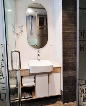 Combined shower/tub, hydromassage showerhead, hair dryer, bathrobes