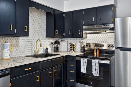 Fridge, microwave, oven, stovetop. Top floor Downtown Loft-Walk to Downtown Morristown, Pool table, Ping Pong & Bar