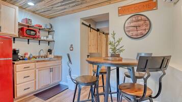 Fridge, microwave, coffee/tea maker, toaster