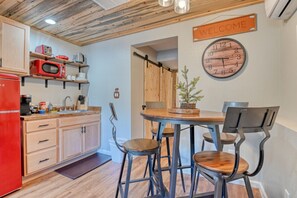 Fridge, coffee/tea maker, cookware/dishes/utensils