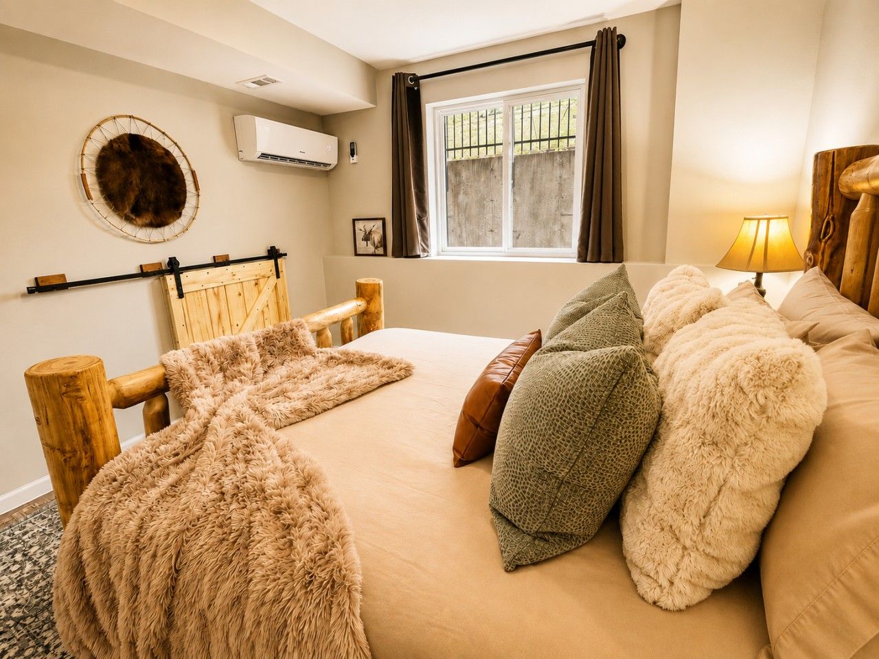 Une chambre à coucher comprenant un lit, une tête de lit en bois, une fenêtre avec des rideaux, un climatiseur fixé au mur et un élément décoratif mural.