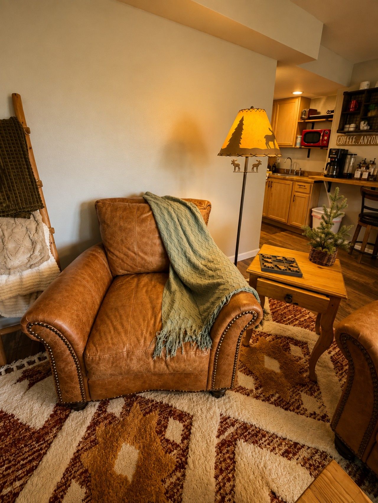 A living room with a brown leather sofa, a patterned rug, a lamp, and a kitchen in the background.