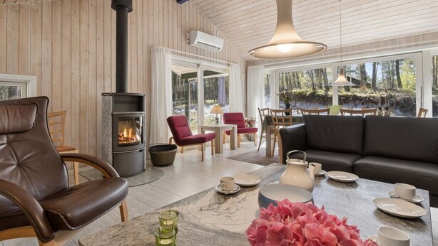 A cozy interior with a fireplace, leather seating, a dining area, and large windows offering a forest view. - "Sylvia" - 900m from the sea by Interhome (Nexø)