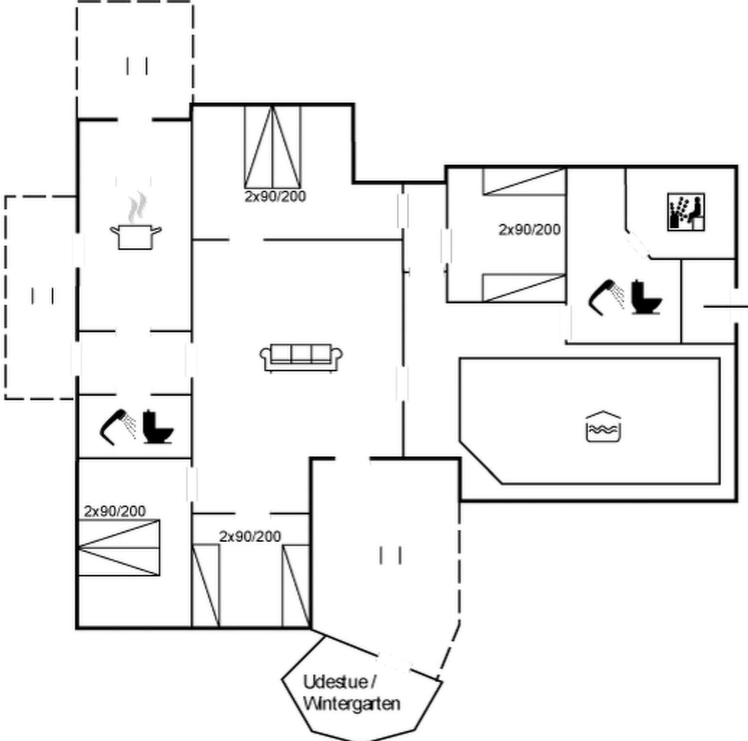 Un plan d’étage comprenant plusieurs pièces, notamment une cuisine, une salle de bain et un espace de vie.