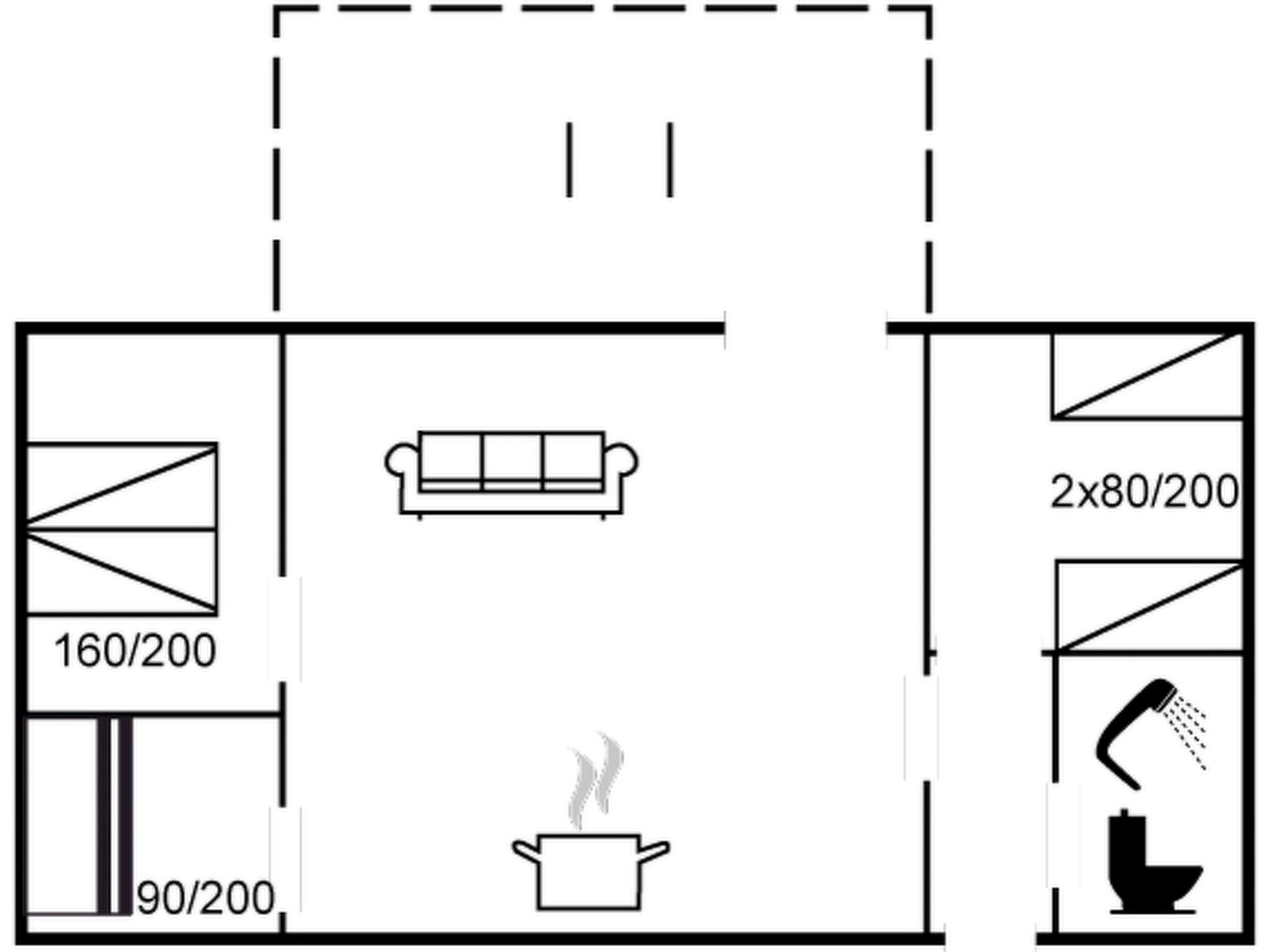 Un plan d’étage comprenant un espace de vie, une kitchenette et une salle de bain.