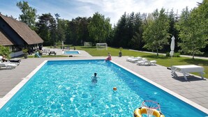 A rectangular swimming pool with a basketball hoop, surrounded by lounge chairs and a covered seating area. - "Selvi" - 125m from the sea by Interhome (Nexø)