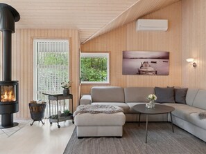 Una televisión, una chimenea, un reproductor de DVD