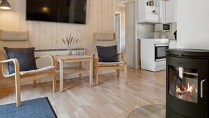 Una sala de estar acogedora con chimenea, muebles de madera, televisor y zona de cocina.