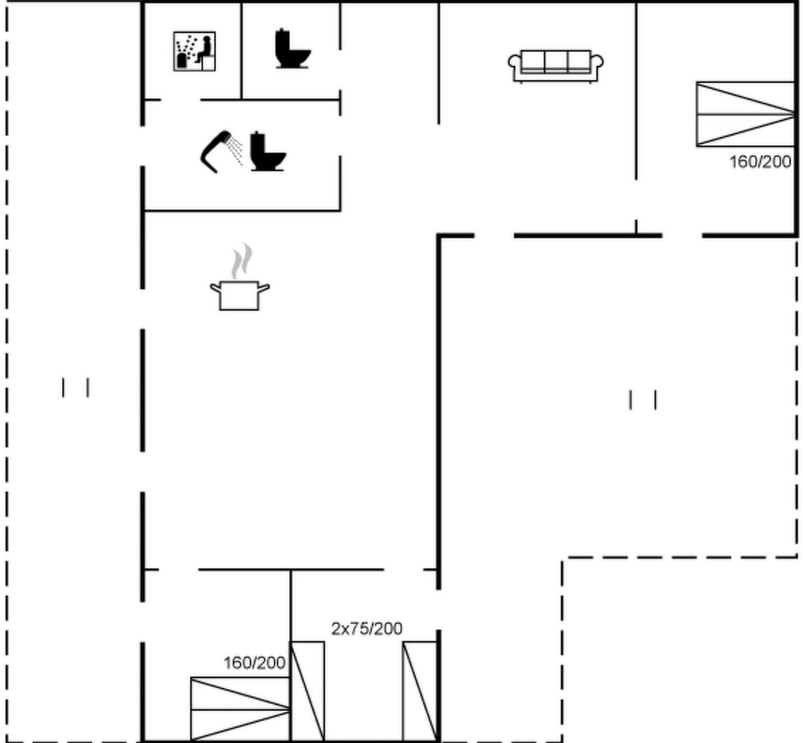A floor plan with a kitchen, two bathrooms, a living area, and a dining area.