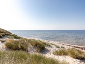 A beach with sand dunes and a clear view of the ocean.