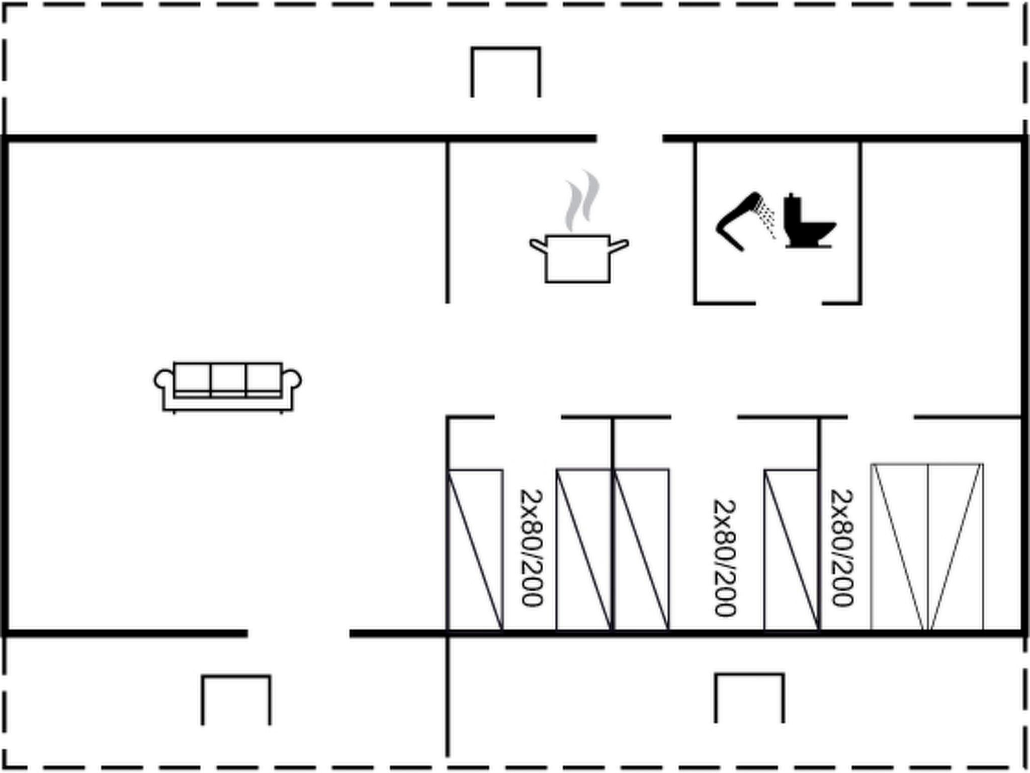 A floor plan with a kitchen area, a dining table, and three triangular spaces labeled 2x80/200.
