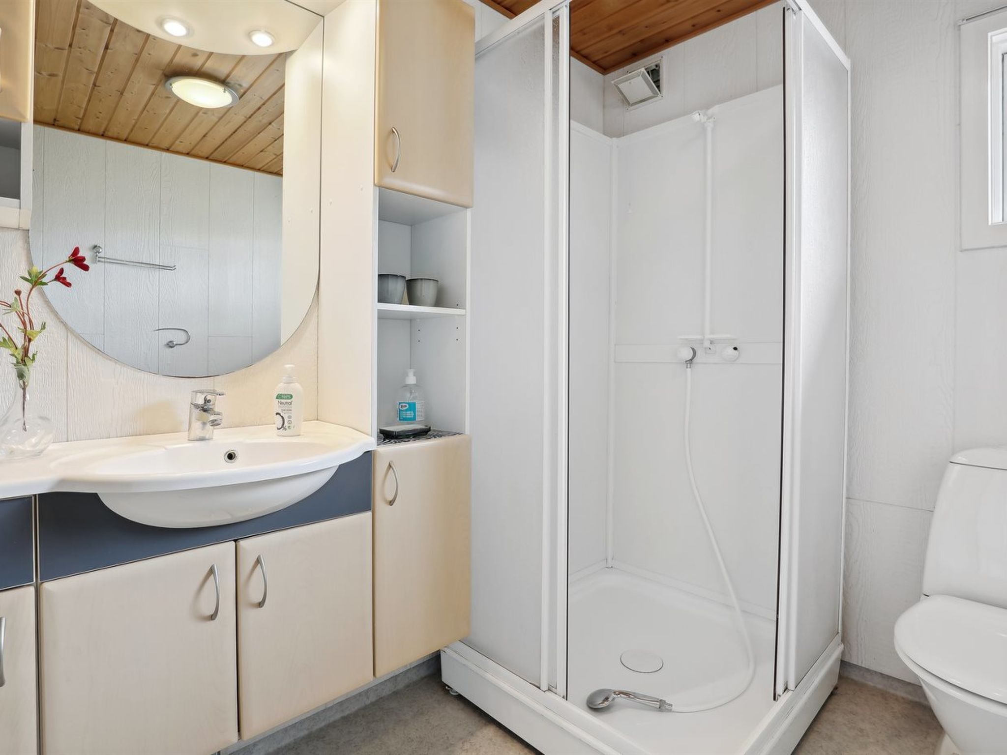 A modern bathroom with a white sink, mirror, and shower enclosure.