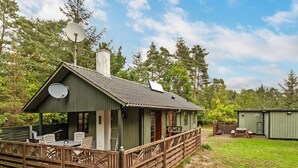 Une petite cabane avec une véranda, une antenne parabolique et une terrasse en bois.