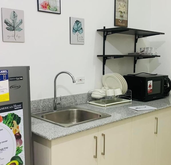A kitchen with a stainless steel sink, a black microwave, and a dish rack. There are framed botanical prints on the wall.