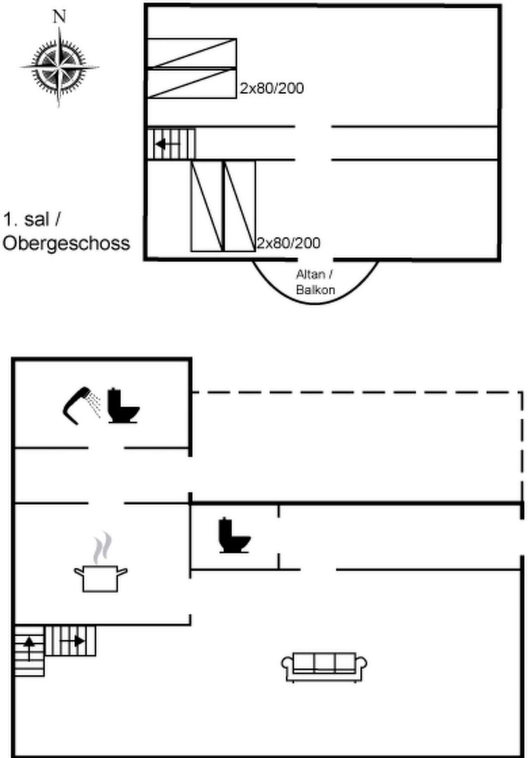 A floor plan with a bathroom, a kitchenette, and a living area.