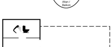 A floor plan with a bathroom, a kitchenette, and a living area.