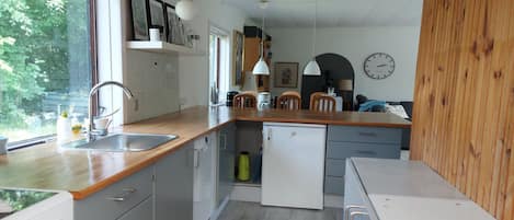 Fridge, microwave, dishwasher, cookware/dishes/utensils