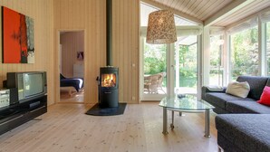 A modern living room with a wood-burning stove, a glass coffee table, a sofa, and a television.