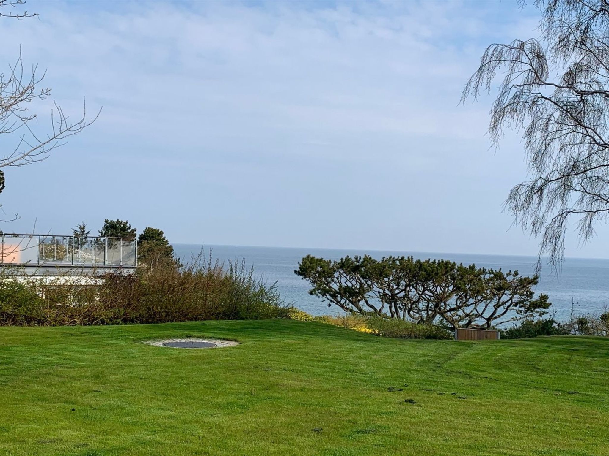 Un espace verdoyant avec vue sur la mer, un arbre et un bâtiment doté d’un balcon en verre.