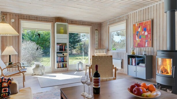 A cozy living room with a fireplace, a bookshelf, a dining table with fruit, and a view of the outdoors. - "Naira" - 1.8km from the sea by Interhome (Tisvildeleje)