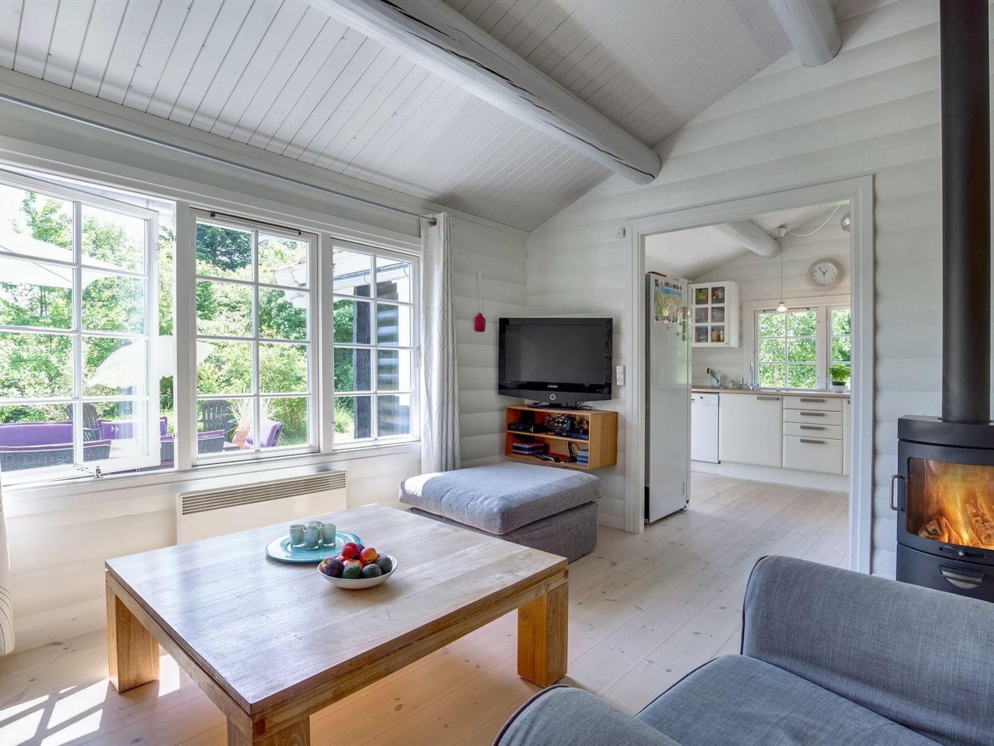 Televisie, een open haard en een dvd-speler