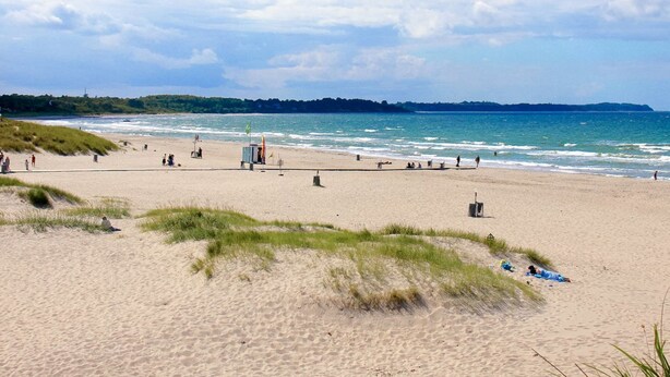 Une plage de sable où se trouvent des gens, certains assis et d’autres qui se promènent, et une zone herbeuse au premier plan.