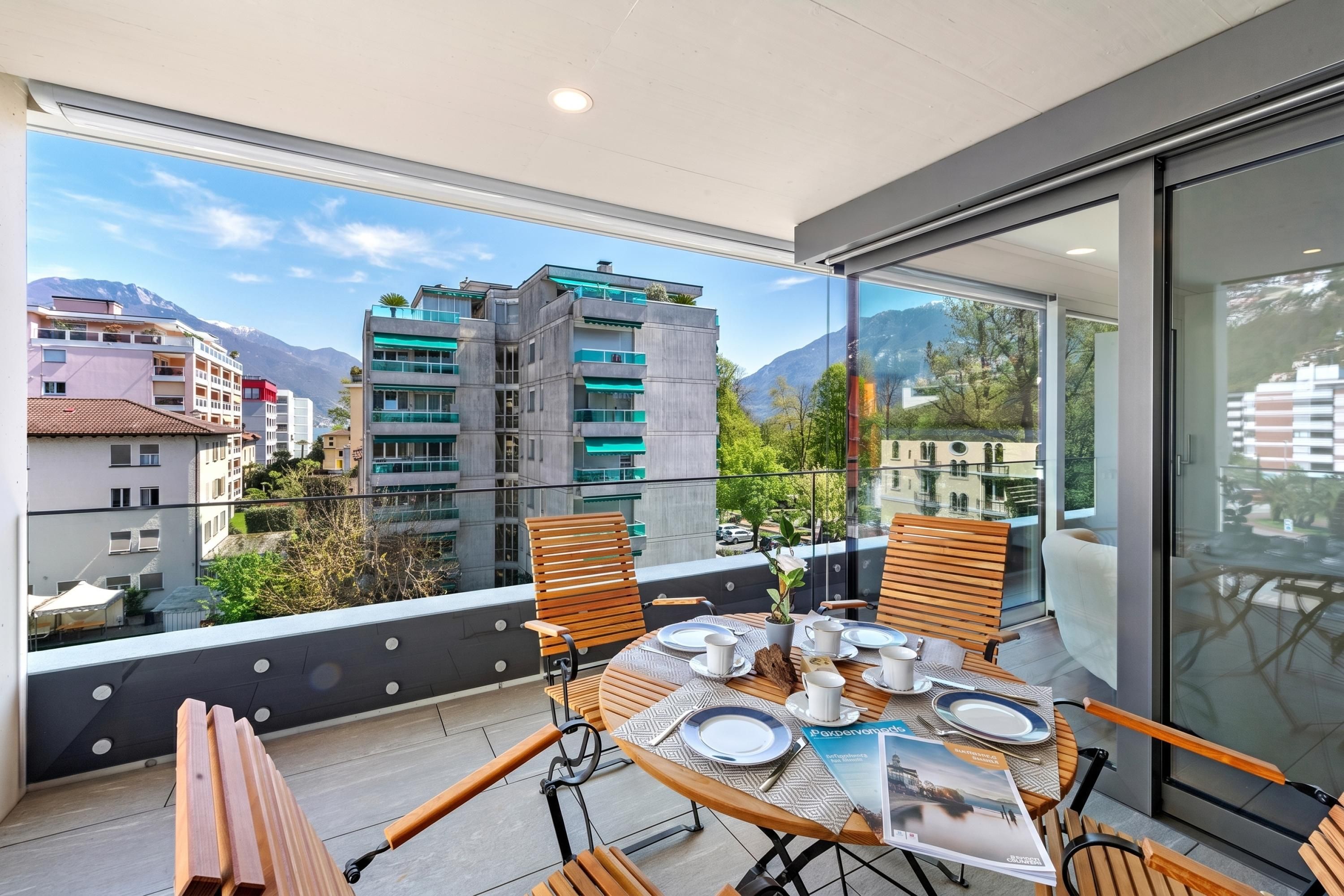 Un balcón con una mesa dispuesta para comer, una silla y vistas a edificios y montañas.