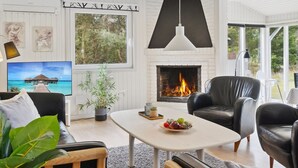 Un soggiorno moderno con camino, sedute confortevoli, televisore e ampie finestre.