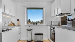 A modern kitchen with white cabinets, a stainless steel sink, a window with a view, a microwave, and a trash bin. - "Ehm" - 600m from the sea by Interhome (Strandby)