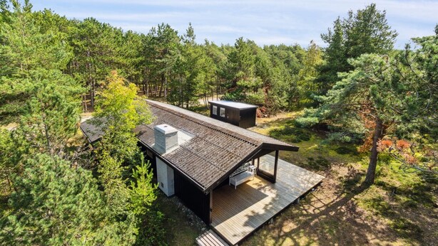 A modern cabin with a sloped roof, surrounded by dense forest.