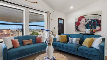 Smart TV, fireplace, books