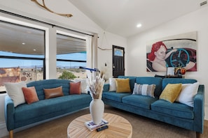 Smart TV, fireplace, books