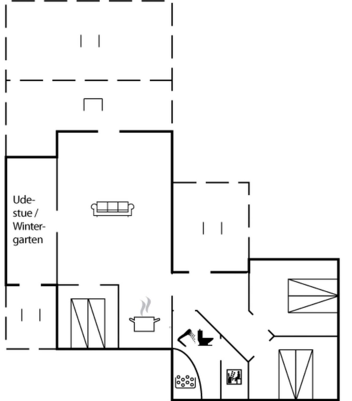 Un plan d’étage comprenant un espace de vie, un coin cuisine et un espace dédié à un jardin d’hiver.