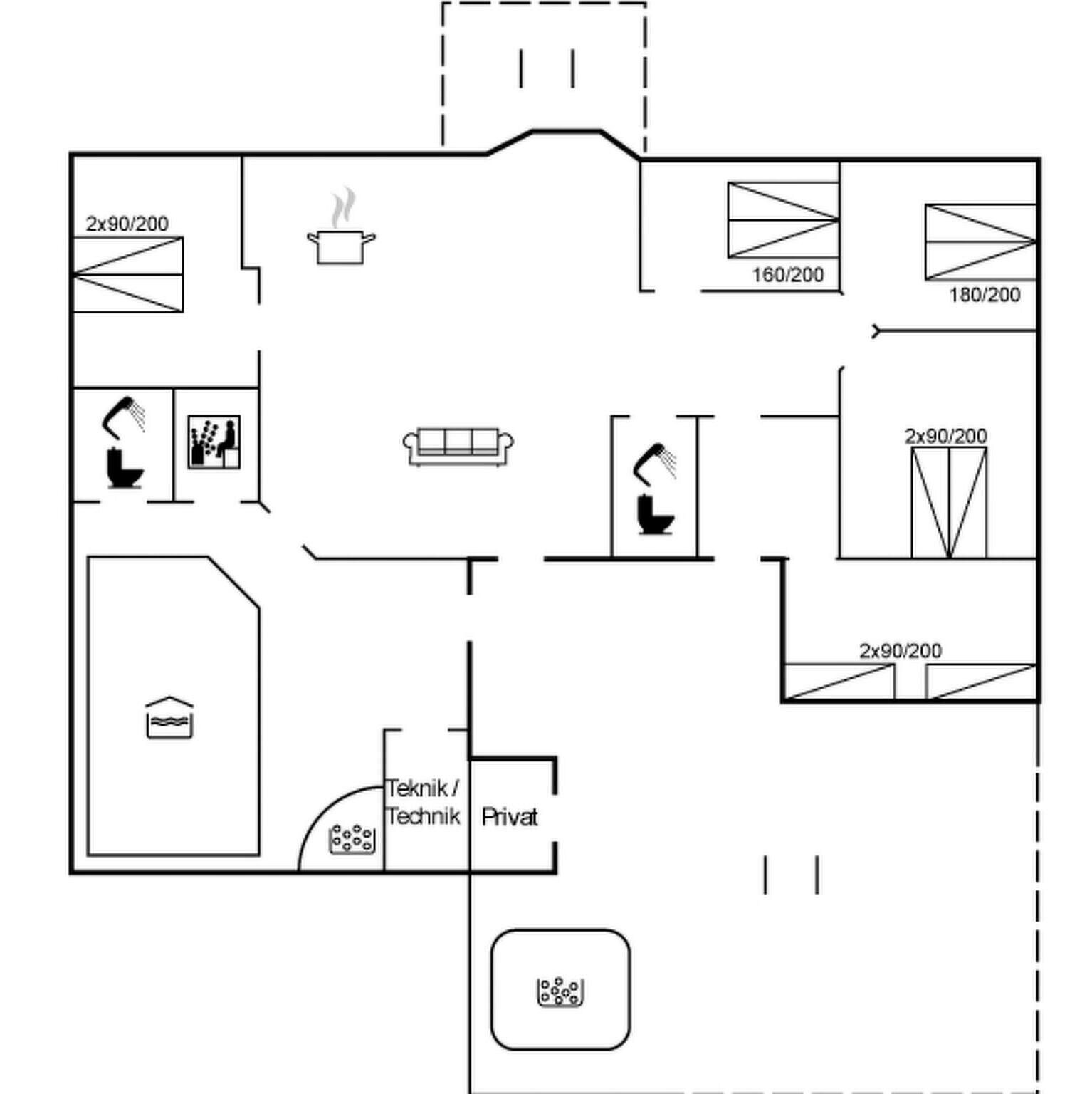 Un plan d’étage d’hôtel comprenant plusieurs chambres, une kitchenette, une salle de bain et un espace privatif.