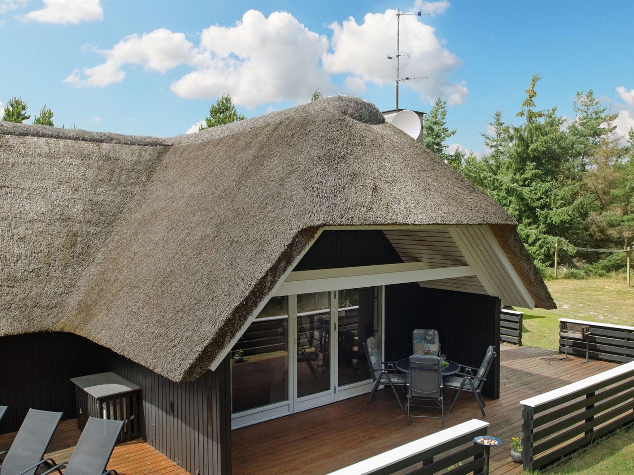 Een modern huis met rieten dak, een terras met tuinmeubilair en een grote glazen deur die leidt naar de binnenruimte.
