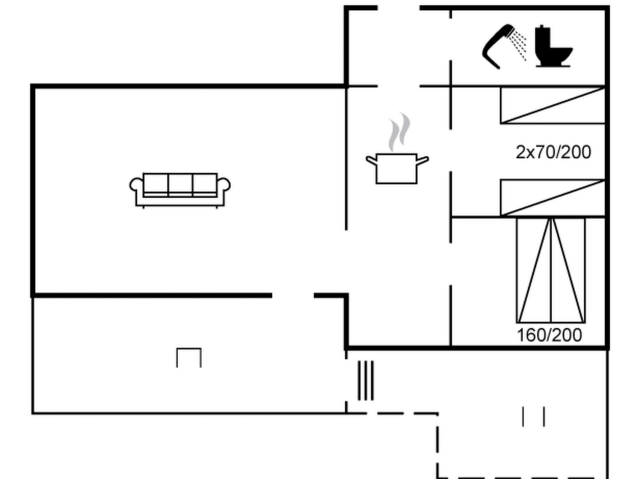 Un plan d’étage comprenant un espace de vie, une cuisine et une salle de bain.