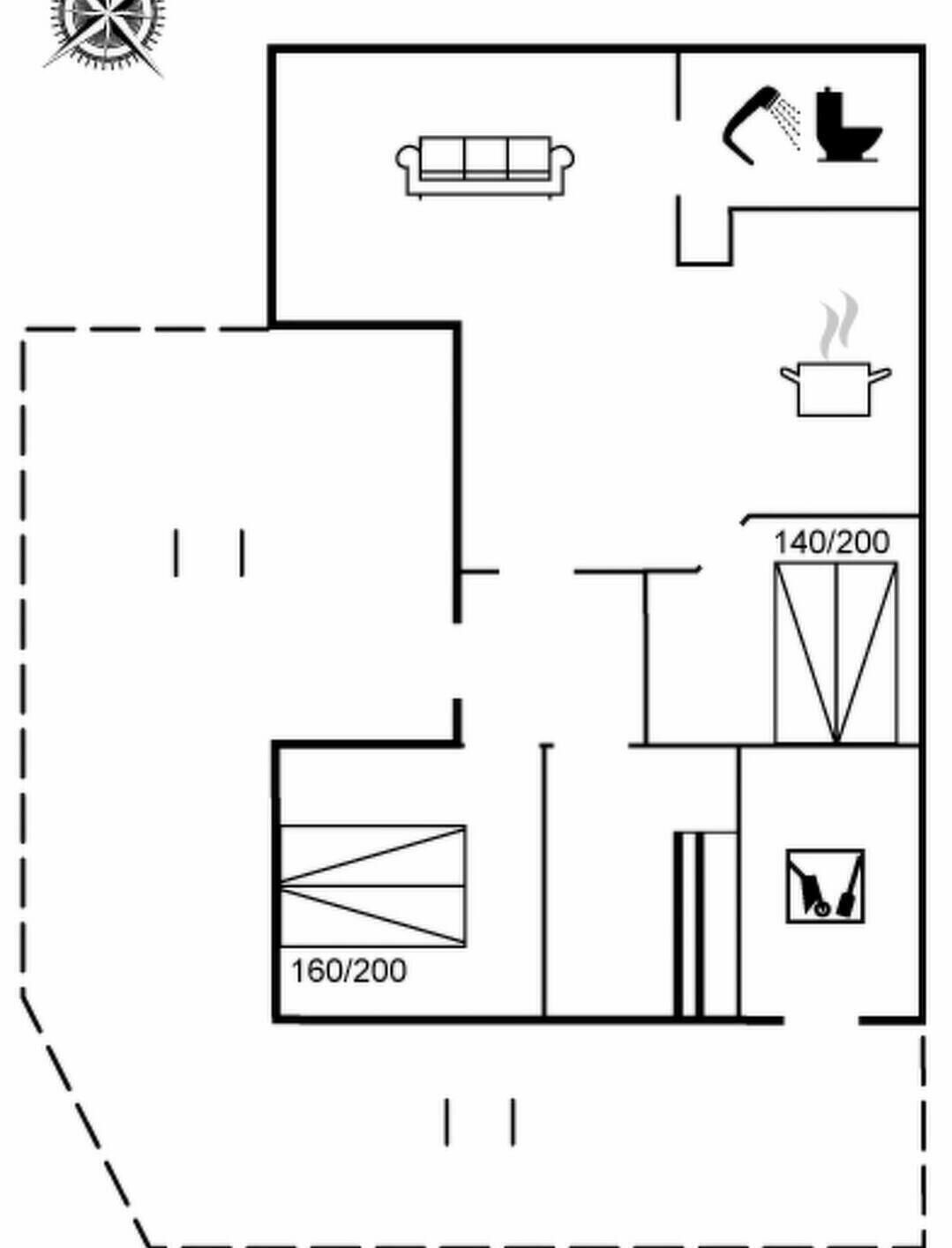 Un plan d’aménagement de chambre d’hôtel comprenant un lit, un canapé, une salle de bain et une kitchenette.