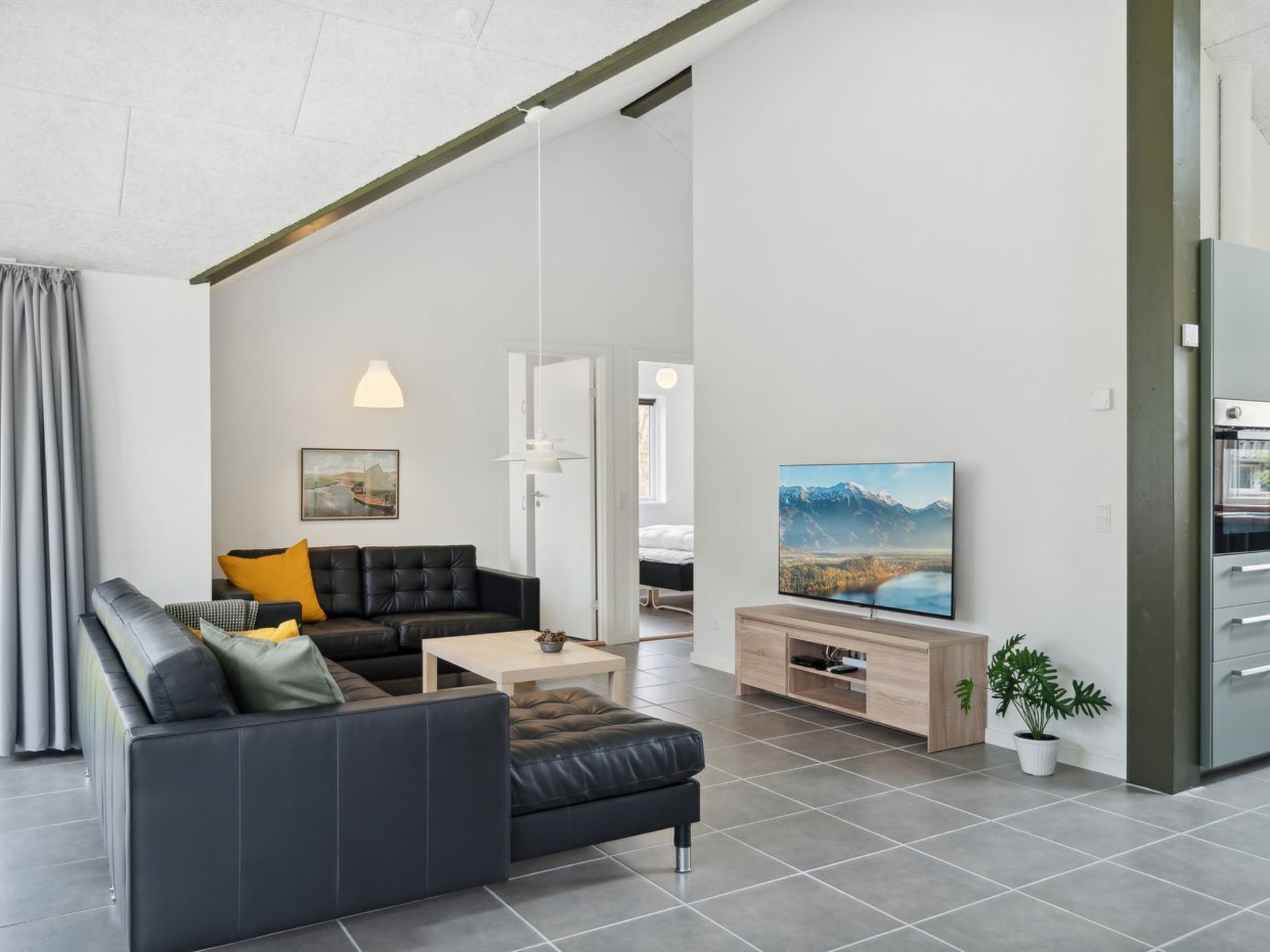 Una sala de estar moderna con un sofá de cuero negro, una mesa de centro de madera, un televisor de pantalla plana y una planta en maceta.