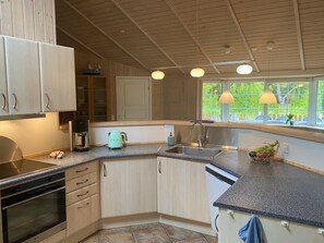 Fridge, microwave, dishwasher, cookware/dishes/utensils
