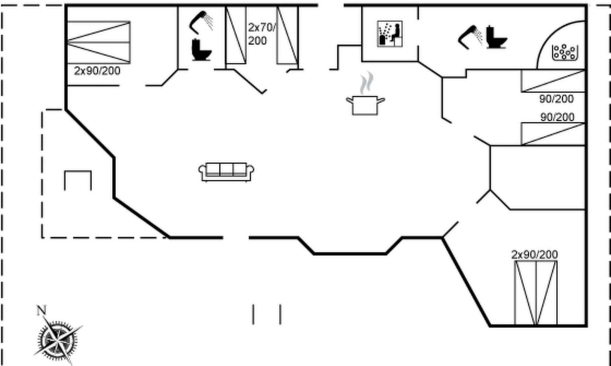 Ein Grundriss mit einer Küche, zwei Bädern, einem Essbereich und einem Wohnzimmer.