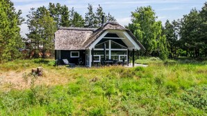 Une maison moderne avec un toit de chaume, de grandes fenêtres et un espace patio.