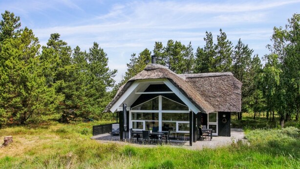 Une cabane au toit de chaume, dotée de grandes fenêtres, entourée d’un champ herbeux et d’une forêt dense.