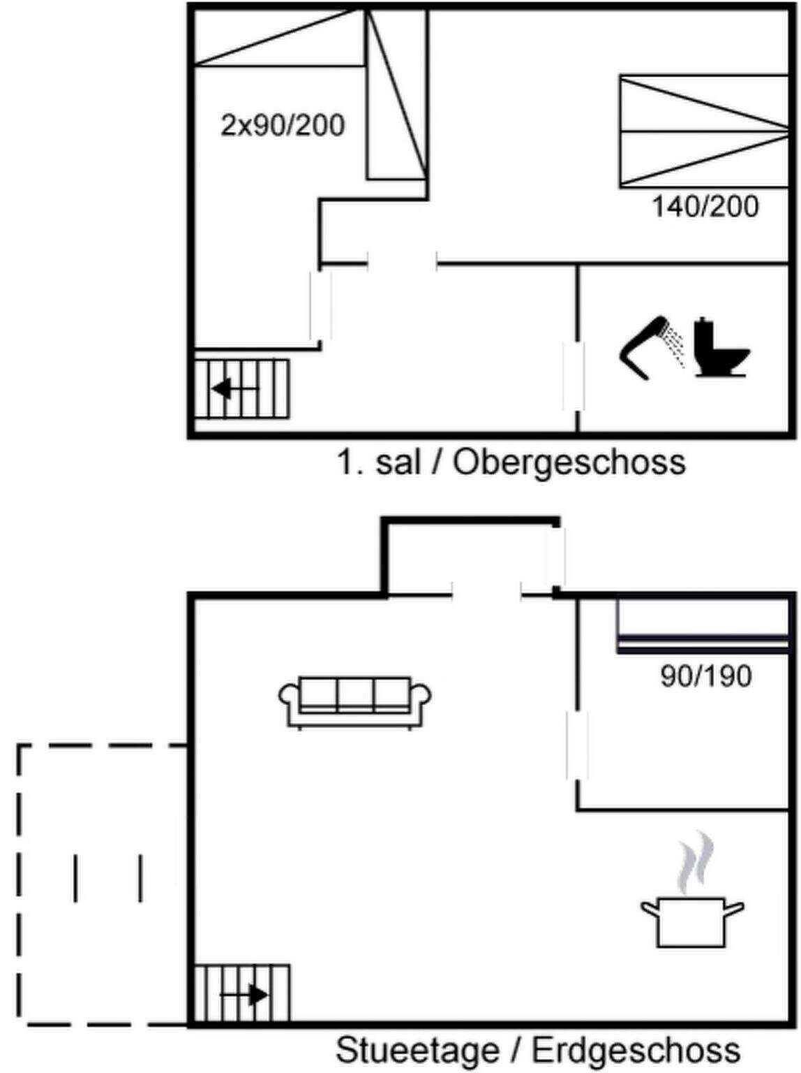 A floor plan with a bathroom, a kitchenette, and a living area.