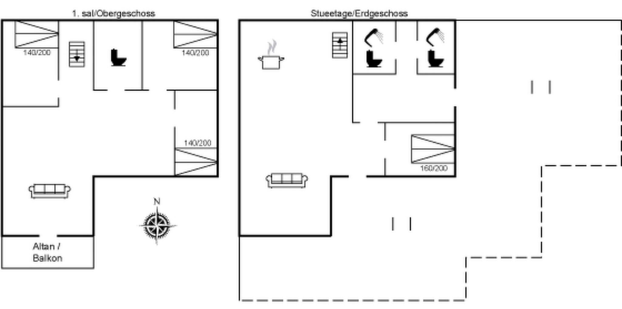 Ein Grundriss eines Hotels mit Balkon, einer Küchenzeile und einem Duschbereich.